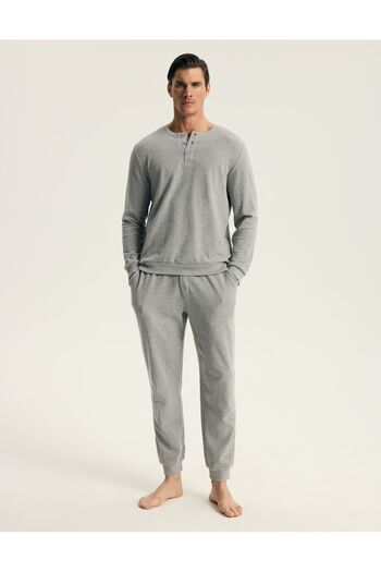 ESOTIQ HOMME Men's Long Homewear Pyjama Set Two-Piece Waffle Longsleeve T-Shirt & Trousers | Solemn