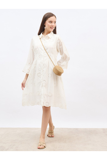 Styli Women White Schiffli Bell Sleeves Shirt Knee-Length Dress