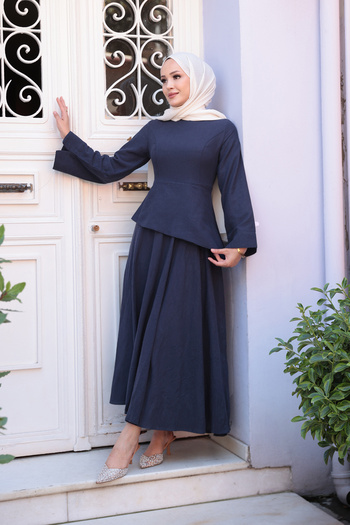 LOCCO Women's Kraş Skirt Linen Dress Navy Blue