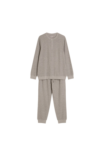 ESOTIQ HOMME Men's Long Homewear Pyjama Set Two-Piece Waffle Longsleeve T-Shirt & Trousers | Solemn