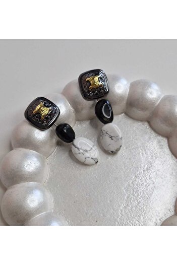 Ivory Pearl Black Handmade Stylish Earrings with Natural Stone Dangle
