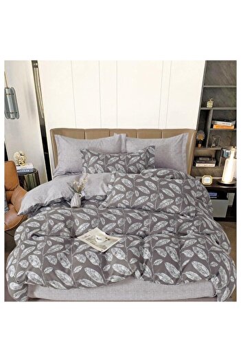 OEM Double bed linen, 6 pieces, for 2 people, 180x200cm, fine printed satin, leaves, brown-beige