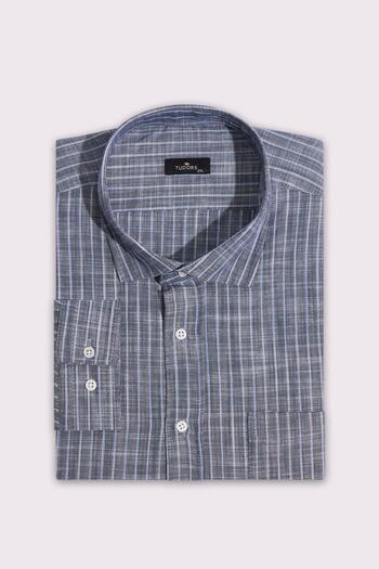 Tudors Men's Oversized Large Size Long Sleeve Striped Linen Effect Sports Collar Smoked Shirt