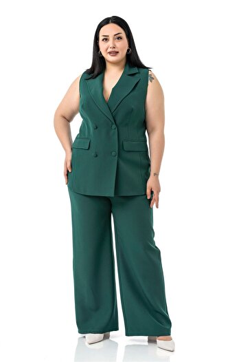 DISENTIS MODEST Plus Size Plated Buttoned Vest Pants Emerald Green Double Suit