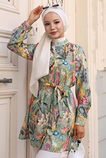 benguen Patterned Hijab Shirt Green 703