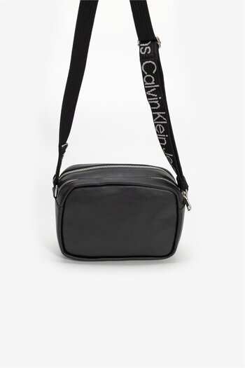 Calvin Klein Women's Leather Brand Logo Zippered Daily Use Black Shoulder Bag K60K611554-BEH