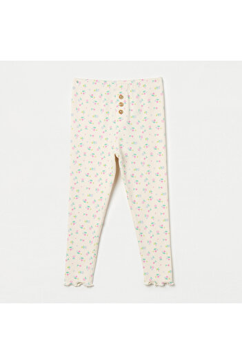 Juniors All-Over Floral Print Leggings with Button Accent and Lettuce Hem
