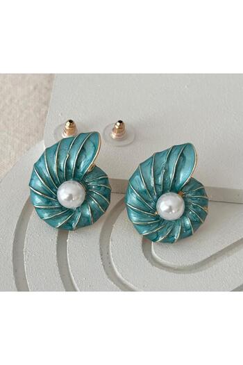 juleeco Turquoise Pearl Detailed Seashell Gold Earrings (2,5X3 cm)