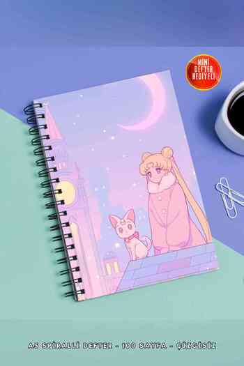 SevindirenŞeyler دفتر ملاحظات Sailor Moon Moon Warrior مقاس A5 بغلاف معدني غير مبطن بغلاف من الورق المقوى