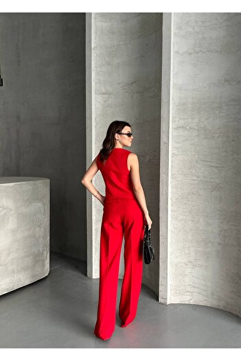 vesantia 2-Piece Women's Red Ribbon Buttoned Vest Blazer Suit