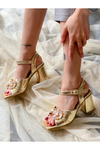 BERFONA Arya Gold Metal Stone 7 cm Heel Sandals