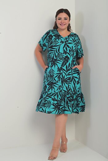 By Saygı Women's V-Neck Mixed Leaf Pattern Pocket Skirt Ruffle Plus Size Dress