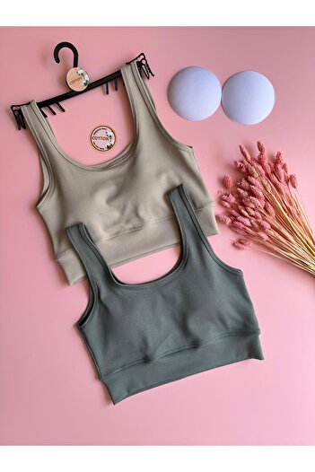 VicTroy Zaphir |   2-Piece Green and Cream Color Strap Camisole Women's Sports Tank Top with Pads