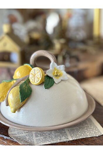 Handmadesign Limonlu Limon Çiçekli El Yapımı Boyutlu Kapaklı Seramik Sunumluk Fanus Krem Sarı 19 cm