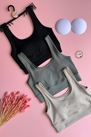 VicTroy Zaphir |   3-Piece Black, Green and Cream Colored Strap Camisole Women's Sports Tank Top with Pads
