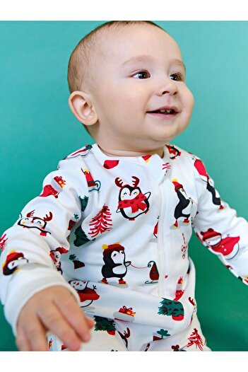 LC Waikiki Ecru Crew Neck Long Sleeve Christmas Themed Baby Girl Romper