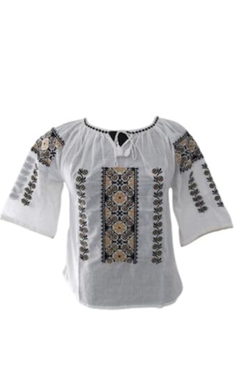 OEM Traditional Women's Blouse with Short Sleeves, Embroidery, Cotton - Black/Yellow/Beige, Size 3XL