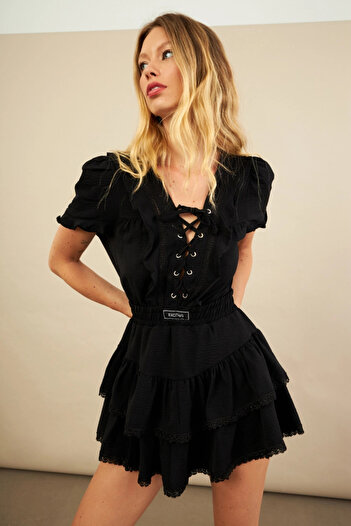 Cool & Sexy Women's Black Bird Eye Ruffle Mini Dress Yel221525