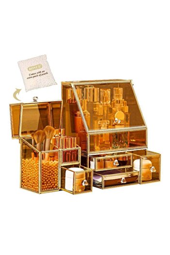 COOYA 3piece cosmetic glass storage box,high hardness,dust-proof design,with flip cover and drawer,amber