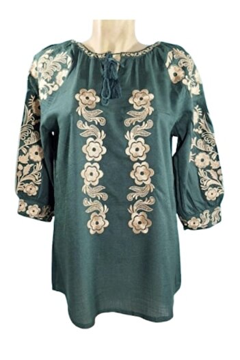 OEM Women's Blouse - Traditional Romanian Style, Beige & Emerald Green Embroidery, Size L