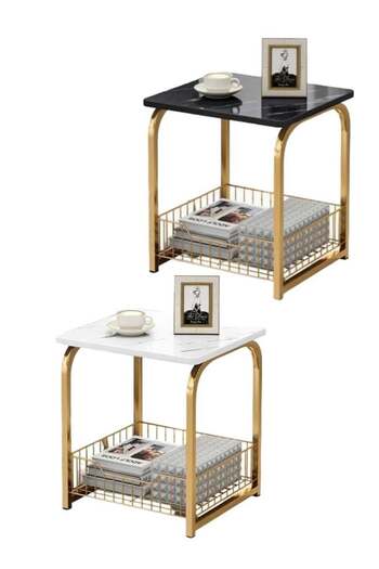 AGD 2-Piece Coffee Side Table Set with Bottom Storage Basket, Marble Design Sofa Side Table for Livi