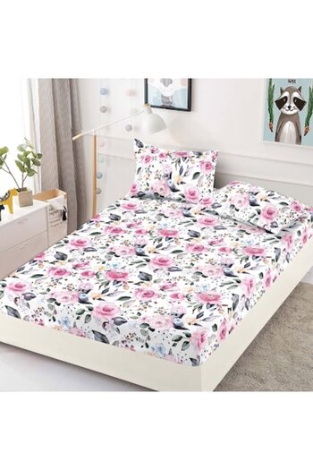 JOJO HOME Husa de pat dublu, cu elastic, Jojo Home, Finet, 3 piese, 2 persoane, Trandafiri, 180x200cm, Multico