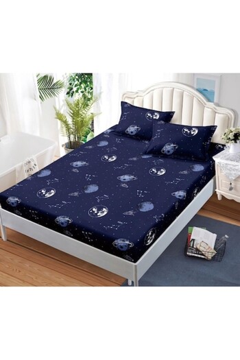 OEM Husa de Pat, cu Elastic, 3 Piese, Bumbac Satinat, 180x200cm, Imprimeu Planete, Bleumarin