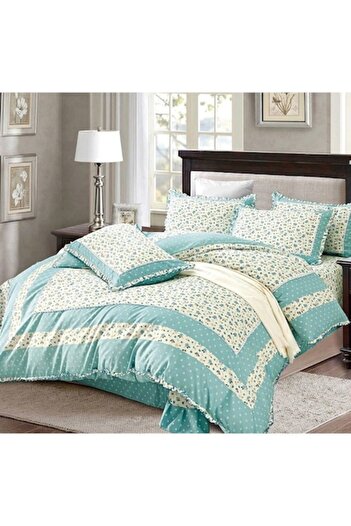 OEM Luxury bed linen with ruffles, fine cotton, 4 pieces, double, light blue floral, 230x250cm