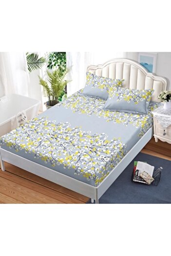 OEM Fitted sheet with elastic, 3 pieces, satin cotton, 180x200cm, floral branches