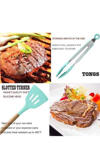 COOYA 12pcs Non-stick Silicone Cooking Kitchen Utensils Spatula Set with Holder,Heat Resistant(Green)