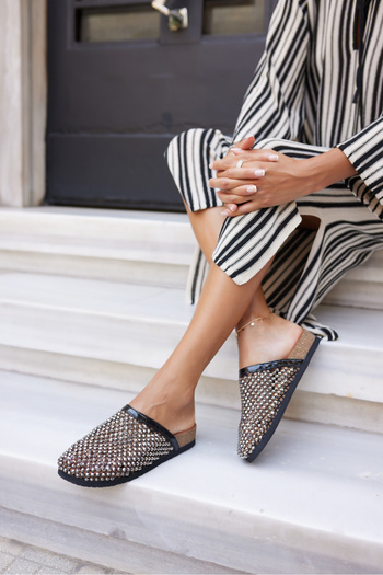 ANGELİNA JONES Pott Women's Black Mesh Stone Imported Slippers