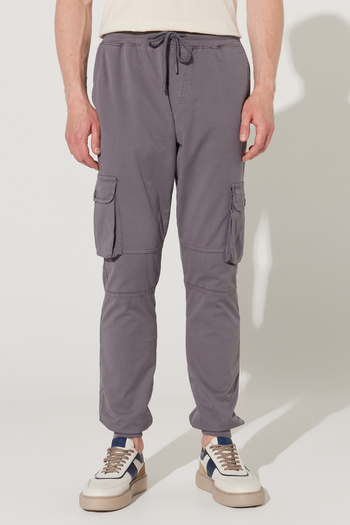 AC&Co / Altınyıldız Classics Men's Gray Slim Fit Slim Fit Cargo Pocket Cotton Flexible Trousers with Elastic Waist and Leg Legs