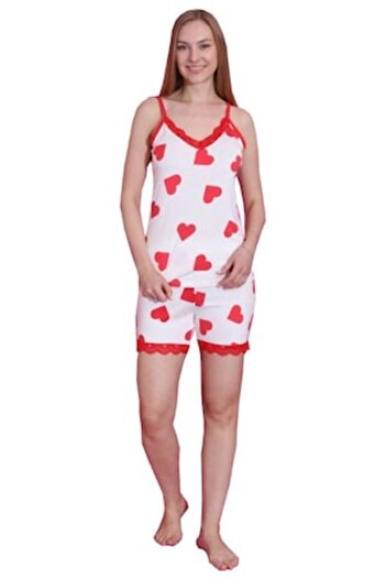 BARAY TEKSTİL Pijama dama Baray de vara, imprimeu cu inimioare, Alb si Rosu, M