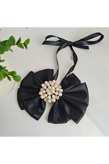 OEM Black bow tie with lace and metal jewel