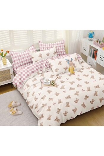 OEM Bedding set, fitted sheet, satin cotton, 4 pieces, teddy bear, 180x200cm, beige