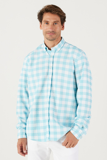 AC&Co / Altınyıldız Classics Men's White Mint Slim Fit Narrow Cut Button Collar Seersucker Patterned Shirt