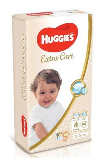 Huggies Extra Care Diapers Pack, Size 4, 8-14 kg, Gentle Skin Care, Breathable Material, 68 Count, J