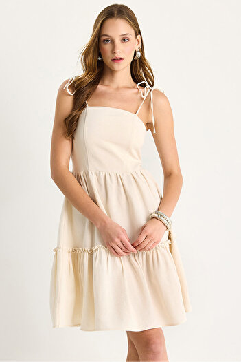 Bianco Lucci Women's Back Gipe Detailed Layered Thin Strap Cotton Linen Dress 5263 60281108