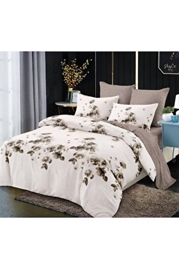 OEM Double bed linen set, fitted sheet, 6 pieces, 180x200cm, Finet, roses, white-beige