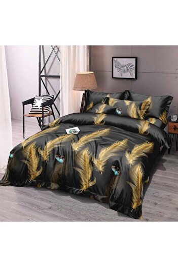 OEM Double Bed Linen Set, 6 Pieces, 220x235cm, Finet, Feather Print, Black-Beige