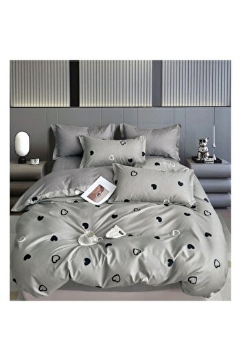 OEM Double Bed Linen Set, 6 Pieces, Finet, Heart Pattern, 2 People, 240x250cm, Gray-Black
