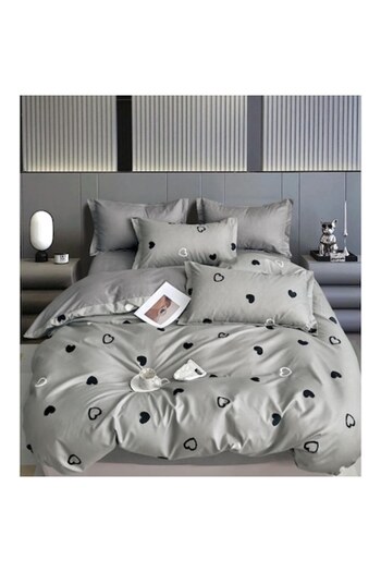 OEM Double bed linen set, double-sided, heart, 6 pieces, 180x200cm, fine satin, grey-black