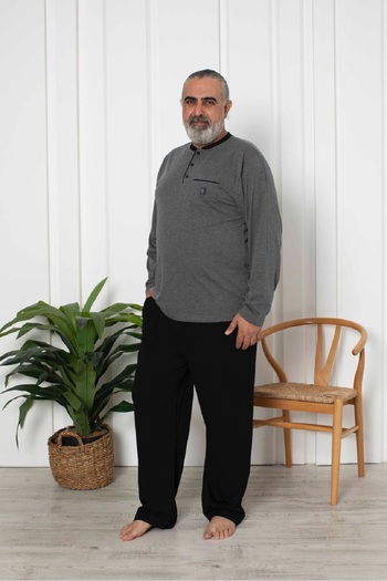 KAPİTEX Plus Size Long Sleeve Six Pocket Anthracite Melange Color Men's Pajama Set