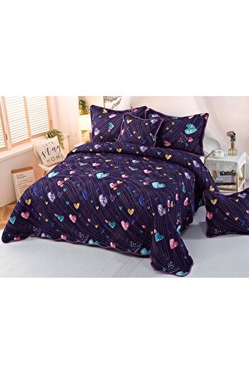 OEM Quilted duvet cover and 4 pillowcases set, cotton, 5 pieces, for , heart, 230x250cm, navy blue