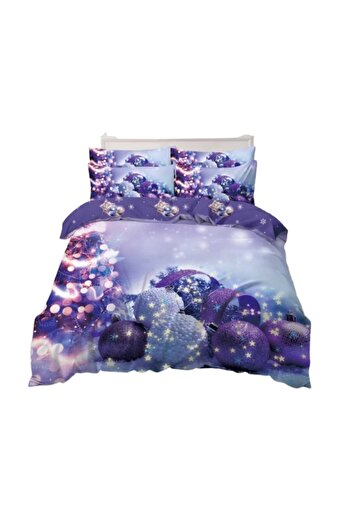 OEM Lenjerie de pat, Finet, Imprimeu Festiv Craciun, Globuri, 6 piese, 2 persoane, 240x250cm, Mov