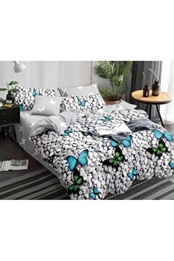 OEM Double bed linen set, stones and butterflies, 4 pieces, 160x210cm, fine satin, dark grey