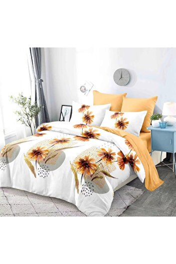 OEM Double bed sheet with elastic, yellow floral, 6 pieces, 2 persons, 180x200cm, satin finish