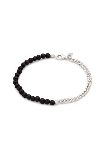 KUZZOI Bracelet Bracelet Men Armouredchain Lava Pearls Black 925 Sterling Silver 21 cm