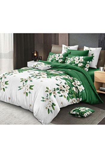OEM Lenjerie pat dublu, imprimeu Crengute Inflorite, 6 piese, 2 persoane, 245x250cm, Finet, Alb-Verde