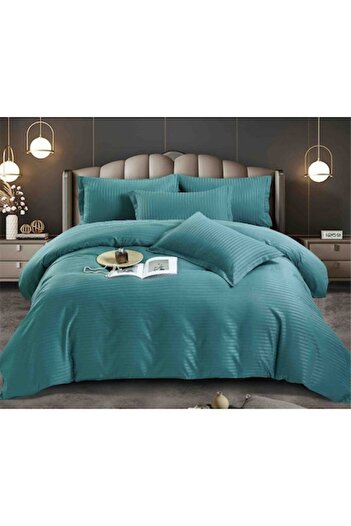 JOJO HOME Lenjerie de pat dublu, Jojo Home, Damasc, 6 piese, 2 persoane, 230x250cm, Turcoaz